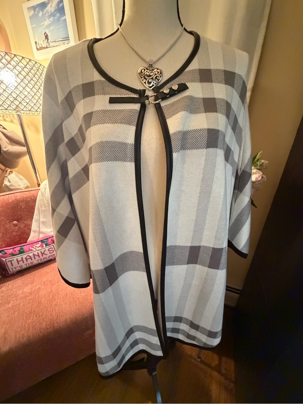 WHBM Cream & Grey Plaid Sweater Cape with Faux Leather Trim EUC